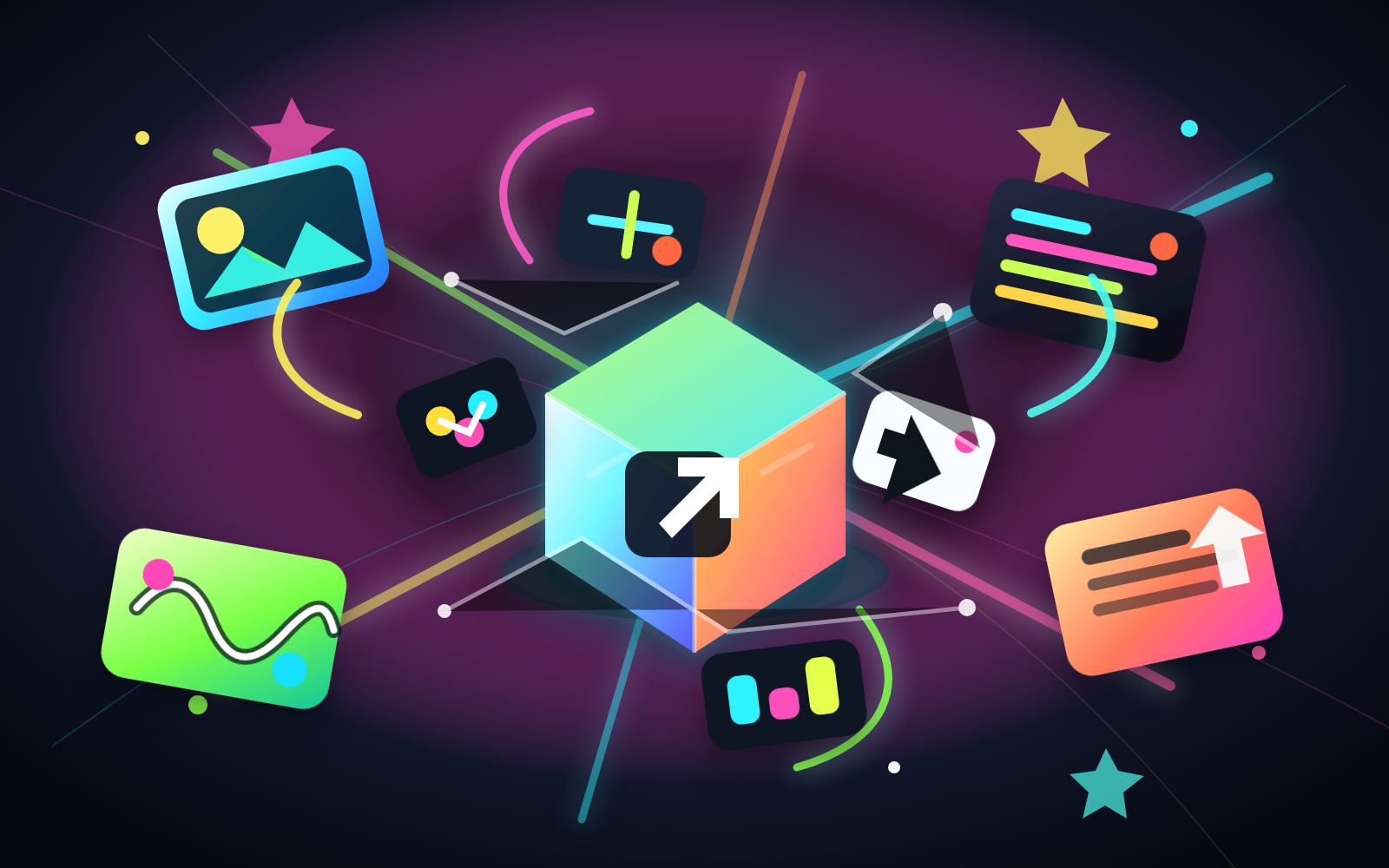 A colorful app cube launching content cards, share links, and download cues.